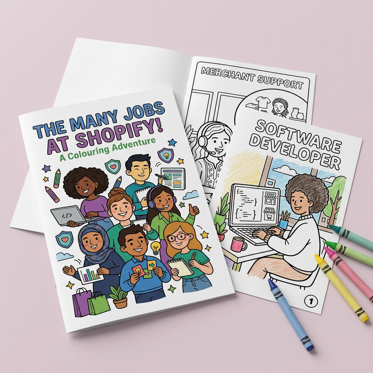 The Many Jobs at Shopify! colouring booklet with pages and crayons